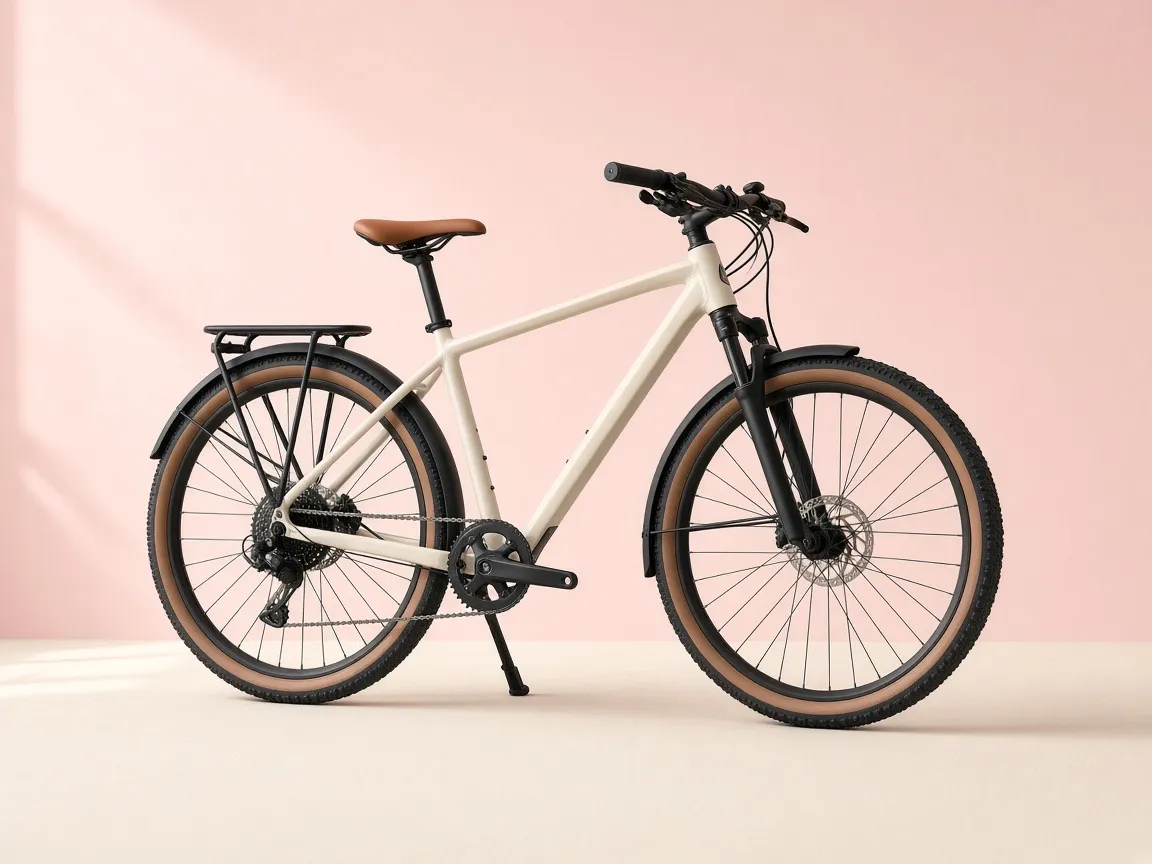 Cremefarbenes Trekkingrad mit Federgabel vor rosa Hintergrund